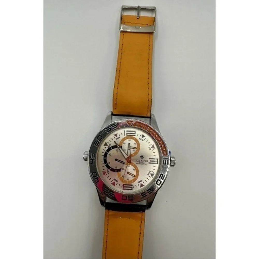Ice King Mens Chronograph Watch Yellow Dial Silver Tone Bezel‎ Black Strap